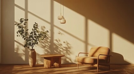 Poster - A cozy interior featuring a chair, table, and plant, illuminated by soft sunlight.