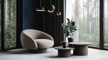 Poster - A cozy interior featuring a modern chair, coffee tables, and greenery by large windows.