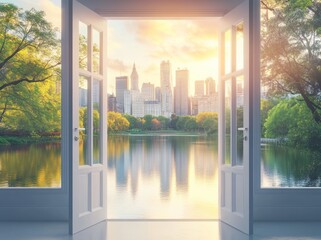 Poster - A serene view of a city skyline through an open door, blending nature and urban life.