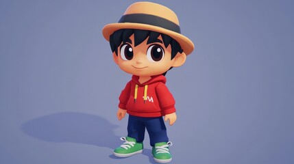 Poster - A cute animated character wearing a red hoodie, blue pants, and a straw hat, smiling.