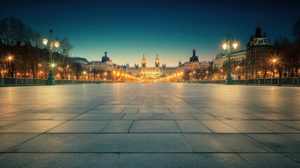 Poster - A serene urban landscape at dusk, illuminated by streetlights and showcasing architectural beauty.