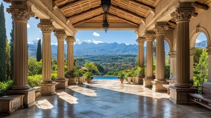 Poster - A scenic view from a grand architectural structure overlooking mountains and a pool.
