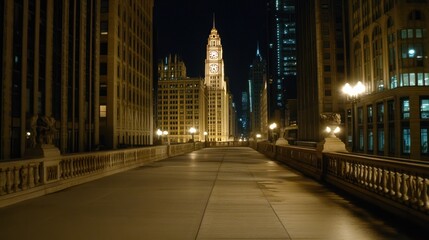 Poster - A nighttime view of a city bridge with illuminated buildings and a clock tower in the background.