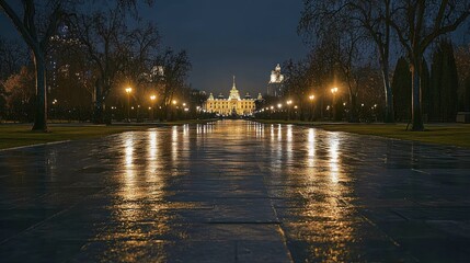 Poster - A nighttime view of a grand building reflecting on a wet pathway, illuminated by streetlights.