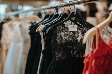 Poster - A display of elegant dresses on hangers in a boutique setting.