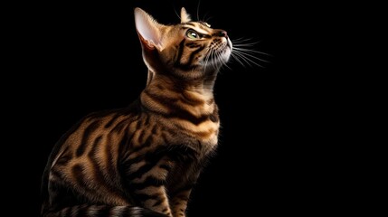 Poster - A majestic Bengal cat gazing upward against a dark background.