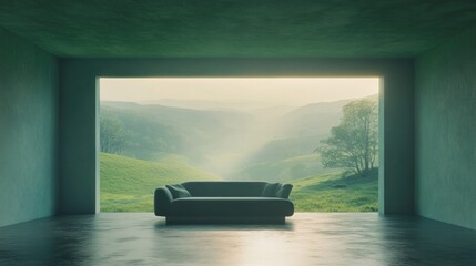 Poster - A minimalist room with a couch overlooking serene green hills.
