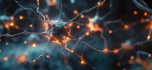 Poster - Neurons with glowing synapses, intricate neural network, vibrant colors, scientific illustration, copy space for text