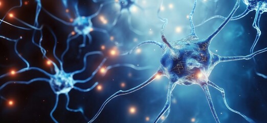 Poster - Neurons interconnected in neural network, glowing synapses, blue and orange hues, abstract representation of brain activity, copy space for text