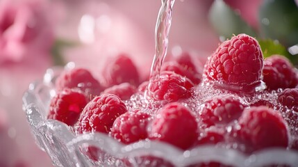 Poster - Fresh raspberries being rinsed in a bowl, showcasing their vibrant color and texture.