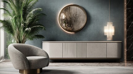 Poster - A modern interior featuring a stylish chair, mirror, and decorative elements.
