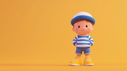 Poster - A cheerful cartoon boy in a striped shirt and hat stands against a bright yellow background.