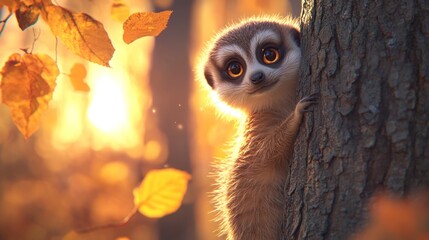 Aufkleber - A cute meerkat peeks around a tree in a sunlit forest filled with autumn leaves.