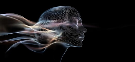 Poster - Digital human face silhouette, abstract representation of technology and artificial intelligence, flowing lines and dots create a futuristic look., copy space for text