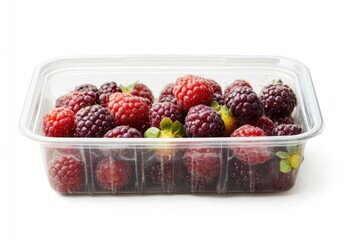 Poster - A clear plastic container filled with fresh raspberries and blackberries.