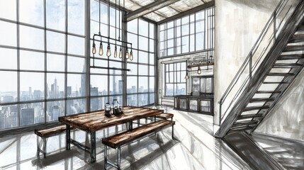 Aufkleber - Modern loft interior with a large dining table, staircase, and city skyline view.