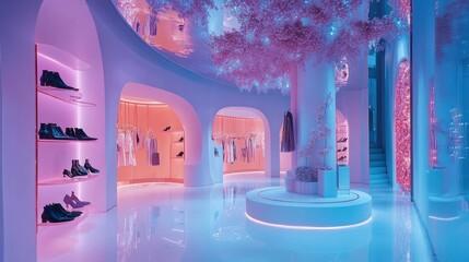 Poster - A modern boutique with vibrant lighting and stylish displays for clothing and footwear.
