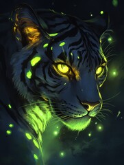 Poster - A mystical tiger with glowing eyes and vibrant green accents against a dark background.