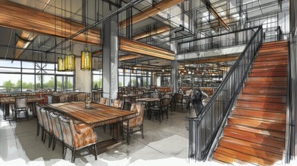 Aufkleber - Modern restaurant interior featuring large windows, wooden accents, and a staircase.