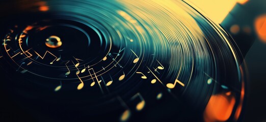 Poster - vinyl record spinning with musical notes, vibrant colors, abstract design, dynamic motion, artistic 