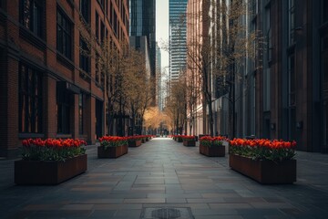 Poster - A serene urban street lined with tulips, showcasing springtime beauty amidst tall buildings.