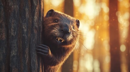 Poster - A beaver peeks from behind a tree in a sunlit forest.