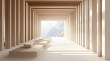 Poster - A serene, minimalist interior with wooden beams and soft seating, overlooking mountains.