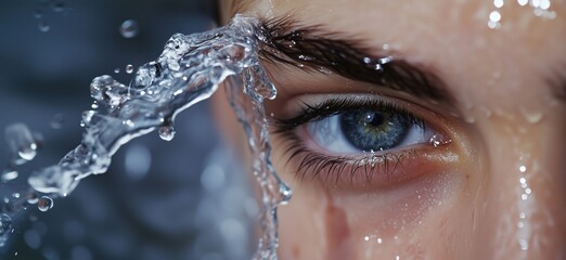 Poster - Close-up eye with water splash, detailed blue iris, droplets, skin texture, emotional expression, copy space for text