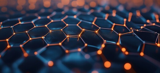 Poster - Hexagonal network structure with glowing edges, intricate design, dark background, modern technology, abstract art, copy space for text