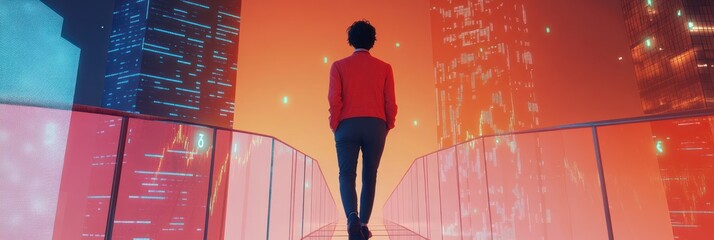 Aufkleber - A figure stands on a bridge in a futuristic cityscape illuminated by vibrant colors.