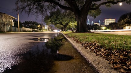 Poster - A nighttime street scene with trees, a puddle, and city skyline in the background.