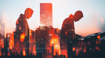 Aufkleber - Dual silhouettes against a city skyline, creating a vibrant, artistic blend of music and urban life.