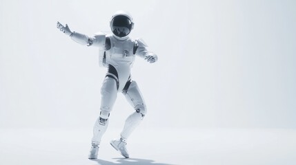 Leinwandbilder - A futuristic robot astronaut dances in a minimalistic, bright environment.