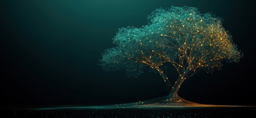 Poster - Abstract tree structure with glowing nodes and connections, representing digital nature and technology. Intricate network design, vibrant colors, dark background., copy space for text