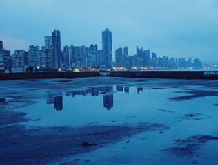 Poster - A city skyline reflected in a puddle at dusk, showcasing urban architecture and atmosphere.