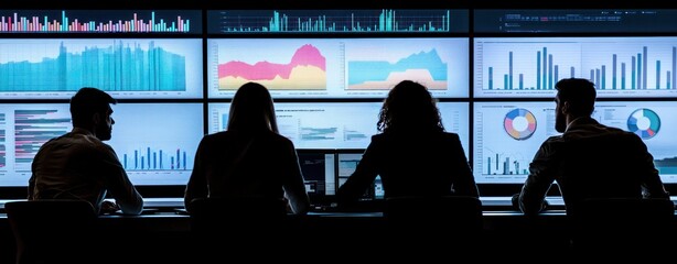 Aufkleber - A group analyzes data on large screens in a modern office setting.