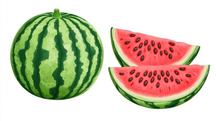 Poster - A whole watermelon and two slices showcasing its vibrant colors and texture.