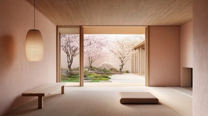 Poster - A serene interior space with a view of cherry blossom trees and a tranquil garden.