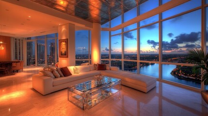Poster - Luxurious living room with panoramic city view at sunset.