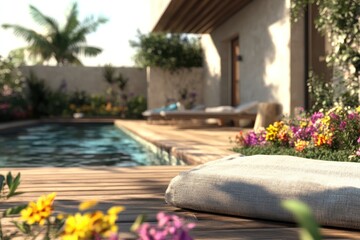 Poster - A serene outdoor space with a pool surrounded by vibrant flowers and a relaxing atmosphere.