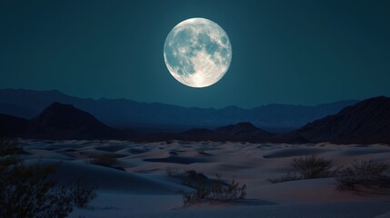 Wall Mural - majestic full moon illuminating a desolate desert landscape, casting long shadows over the sand dune