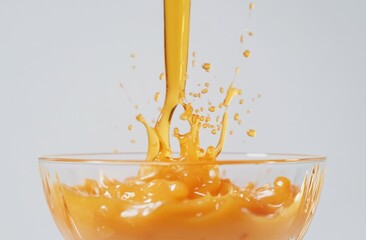 Poster - A splash of orange liquid in a glass bowl, showcasing vibrant color and texture.