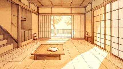 Poster - A serene interior of a traditional Japanese room with a view of nature.