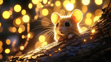 Poster - A cute mouse perched on a log, surrounded by glowing lights in a whimsical setting.