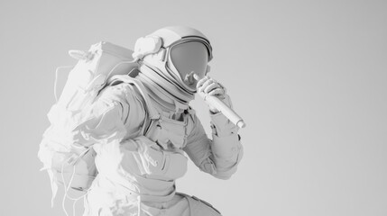 Poster - A monochromatic astronaut in a space suit, holding a tool in a minimalist setting.