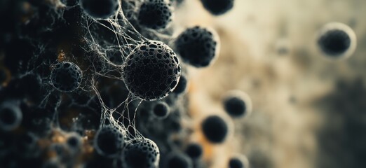 Poster - Abstract representation of microorganisms, intricate web of cells, dark background, ethereal atmosphere, scientific exploration, cellular structures, copy space for text