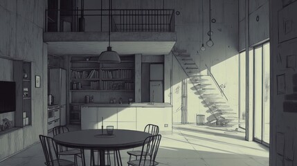 Poster - A minimalist interior featuring a dining area, kitchen, and staircase with natural light.