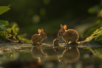Aufkleber - Three rabbits gather near a reflective puddle in a serene, natural setting.