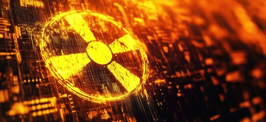 Poster - Radiation symbol glowing on digital background, abstract technology design, orange and yellow hues, futuristic concept, copy space for text
