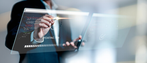 Update System Upgrade Software version technology concept on virtual screen. System software update and upgrade concept. Loading process screen.